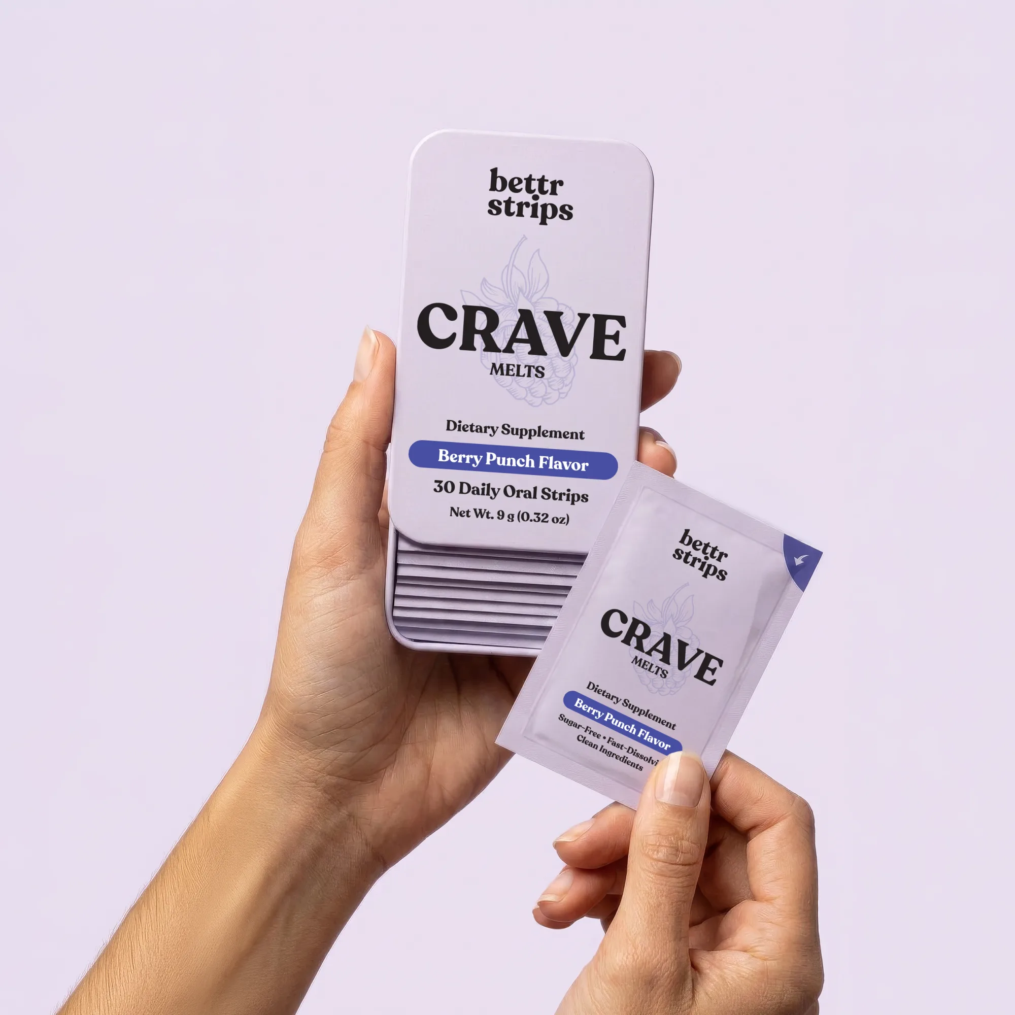 Bettr Strips Crave Melts tin and single sachet held in hands