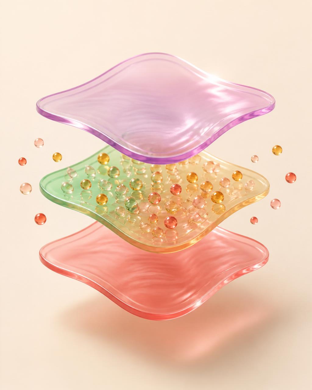 Exploded 3D view of a Crave Melts oral strip showing its three translucent layers and embedded ingredient beads.